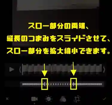 スロー再生エリアを示す、両端のつまみを開閉することによって、スロー再生エリアを拡大・縮小することができます。