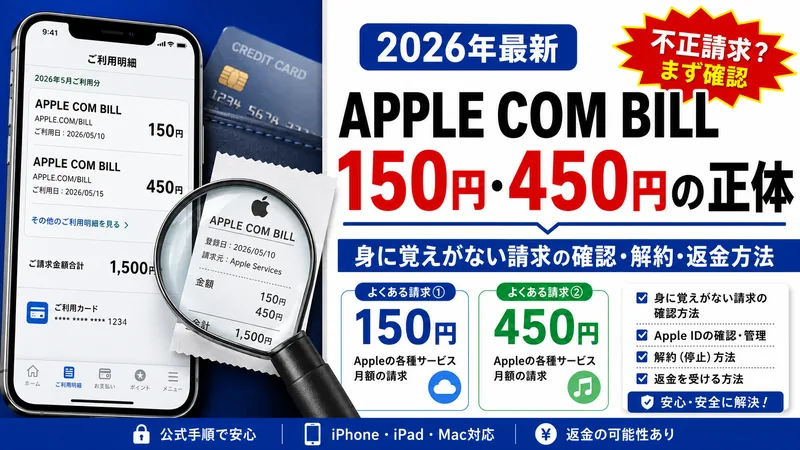 Apple Com Billとは？150円・450円の正体と、身に覚えがない請求の確認・解約・返金方法を解説するアイキャッチ画像（2026年最新／iPhone・iPad・Mac対応）