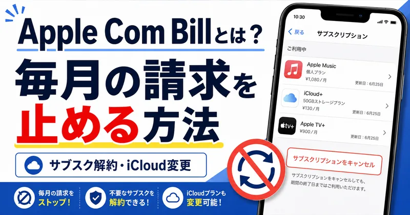 Apple Com Billの毎月の請求を止める方法。サブスクの解約とiCloud+プランの変更手順を示す図解