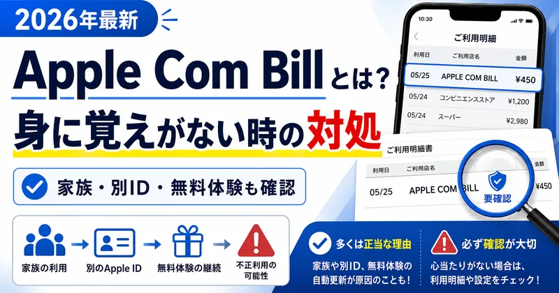 Apple Com Billに身に覚えがない時の対処。家族・別Apple ID・無料体験の自動課金・不正利用の可能性を確認する図解