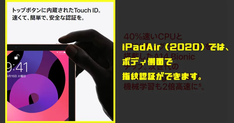 オールスクリーンのiPadには指紋認証は搭載済み。