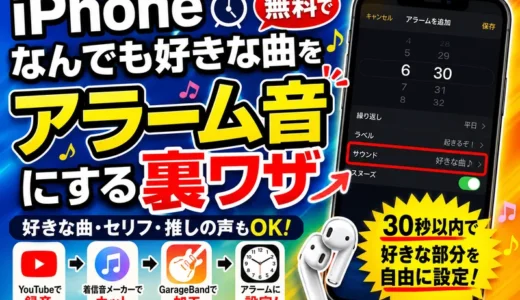 iPhoneで無料でなんでも好きな曲をアラーム音にする裏ワザ。YouTubeで録音→着信音メーカーでカット→GarageBandで加工→アラームに設定する手順を紹介するアイキャッチ画像