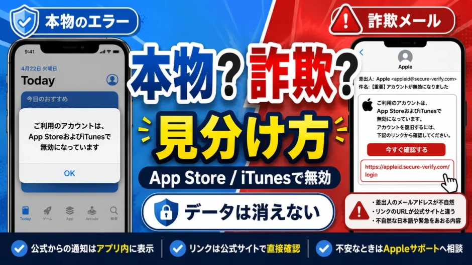 iPhoneの「ご利用のアカウントはApp StoreおよびiTunesで無効になっています」本物のエラー画面と詐欺メールを対比し、表示場所での見分け方とデータは消えないことを示した比較図
