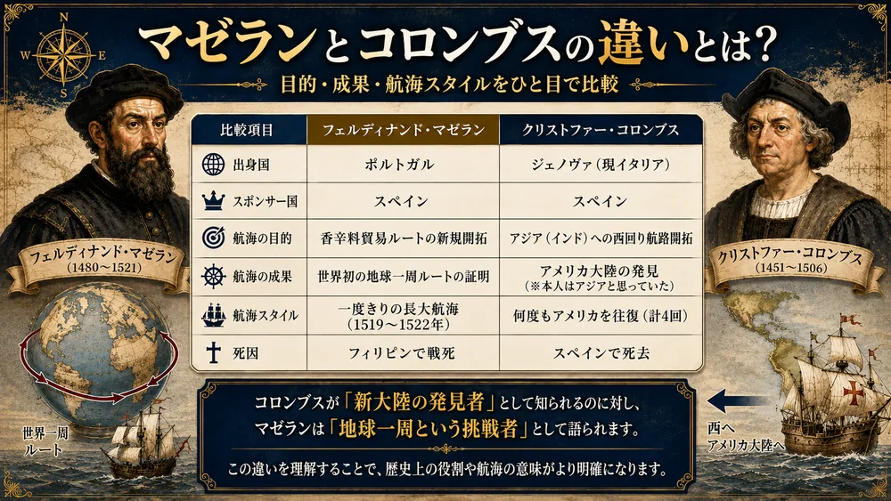 マゼランとコロンブスの違い比較表|出身国・スポンサー・航海の目的・成果・スタイル・死因をひと目で比較