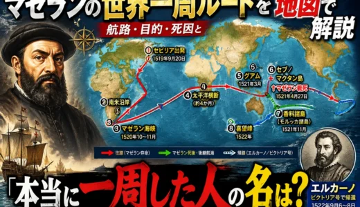 マゼランの世界一周の航路を動く地図で解説｜航海の目的と結末