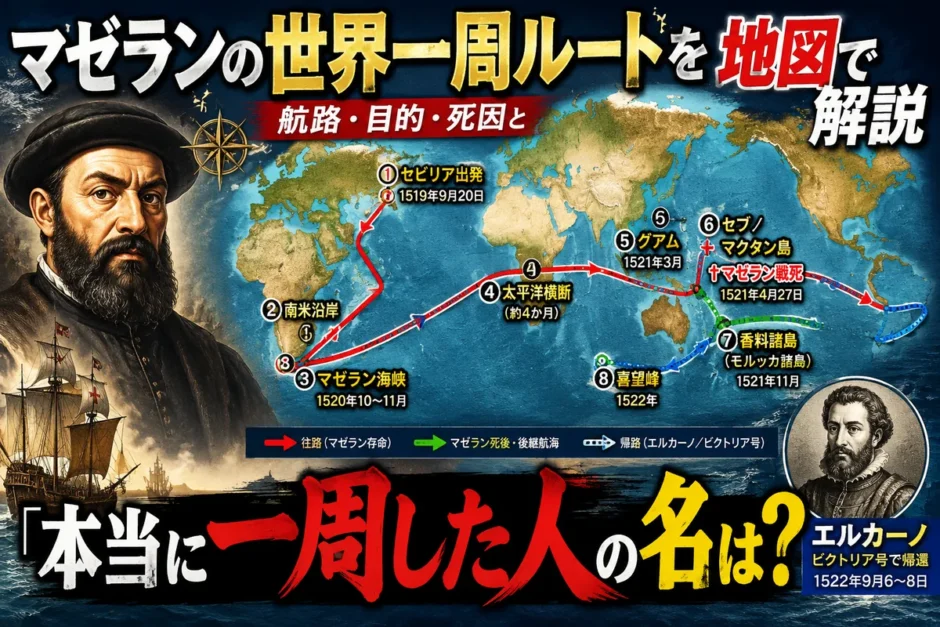マゼランの世界一周ルート地図｜航路・目的・死因と本当に一周した人（エルカーノ）