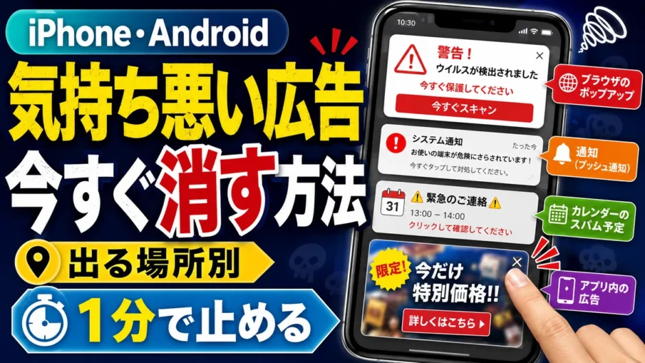 気持ち悪い広告が出る4つの場所（ブラウザのポップアップ・プッシュ通知・カレンダーのスパム予定・アプリ内広告）を示したスマホ画面と、iPhone・Androidで1分で止める方法のタイトル